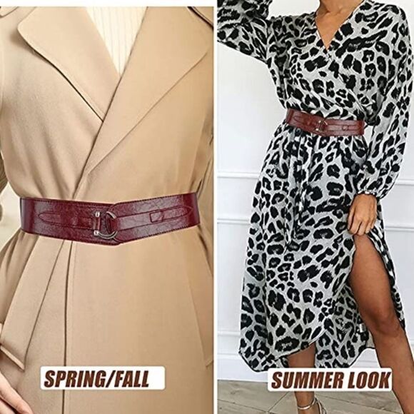 Wide Leather Belt Hook Buckle Wide Waist Stretch Dark Brown Belt - Picture 8 of 11